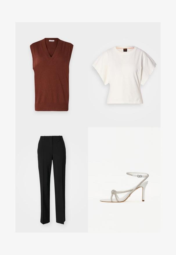 Smeđi bezrukavac od pletenine s V-izrezom, rebrastim rubovima, mekanom teksturom i tijesnim dizajnom, idealan za slojevito kombiniranje.; Bijeli skraćeni T-shirt, široke kratke rukave, mekani pamučni materijal, okrugli izrez s suptilnim narančastim detaljem, minimalistički dizajn, bez uzoraka ili grafika.; Crne krojene hlače ravnog kroja, s glatkom teksturom i oštrim pregibima naprijed. Bez vidljivih metalnih dijelova.; Bijela sandala s visokom petom i teksturiranim remenom ukrašenim rhinestones, otvorenog prsta, s remenom oko gležnja i podesivom kopčom.