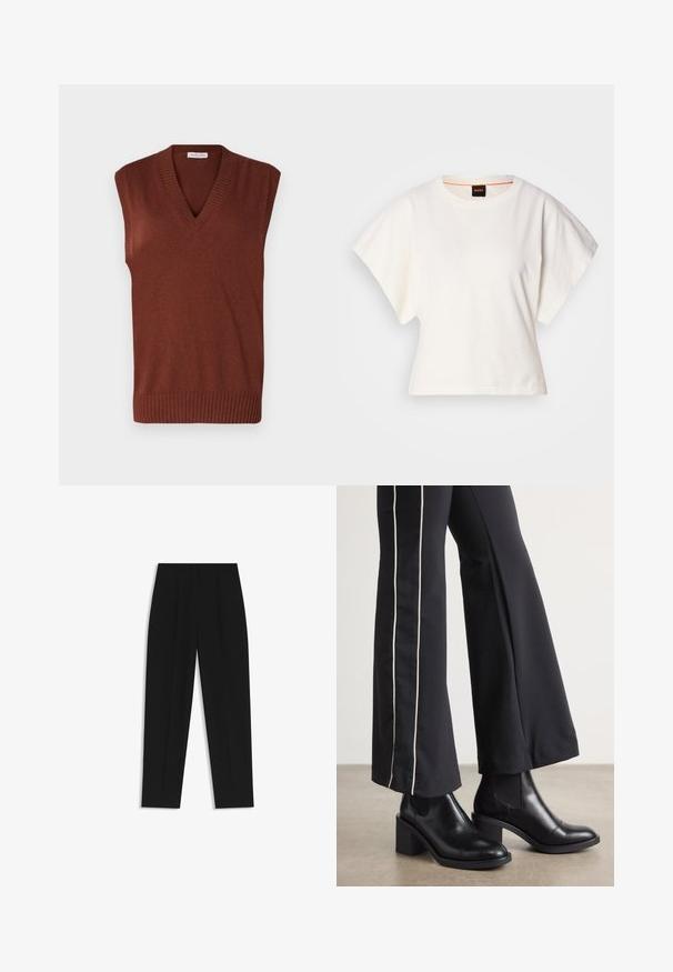 Brown sleeveless knit vest featuring a V-neck, ribbed edges, soft texture, and a fitted design, ideal for layering.; White cropped T-shirt, short wide sleeves, soft cotton material, round neckline with subtle orange trim, minimal design, no patterns or graphics.; Black trousers with a straight fit, featuring double pleats, a smooth texture, and a classic waistband design. No visible hardware or accents.; Black leather ankle boots with a block heel, featuring elastic side panels. Paired with black pants that have a white side stripe.