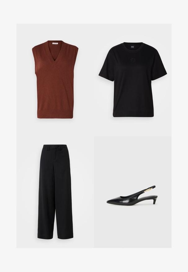 Brown sleeveless knit vest featuring a V-neck, ribbed edges, soft texture, and a fitted design, ideal for layering.; Black cotton t-shirt with a crew neckline, short sleeves, and an embroidered logo on the chest. Simple, relaxed fit with no patterns.; Black wide-leg trousers made of smooth fabric, featuring a flat-front design, pleated details, and belt loops at the waistband.; Black leather slingback heels with a pointed toe, featuring a slim heel and a gold-tone accent on the adjustable strap. Smooth texture.