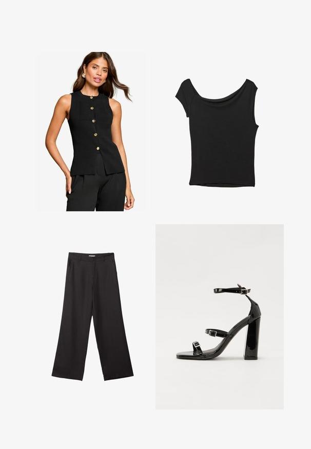 Crni bezrukavni top izrađen od rebrastog pletiva, s zlatnim dugmadi niz prednju stranu i pripijenim dizajnom koji se širi u struku.; Crna majica kratkih rukava od glatkog materijala; ima drapirani izrez i asimetrični donji rub, uz prilagođeni kroj tijela.; Crne hlače širokog kroja izrađene od glatkog materijala, s prednjim patentnim zatvaračem i dva bočna džepa, s prilagođenim fitom i minimalističkim dizajnom.; Crne lakirane sandale na pete sa kvadratnim nosom, trakama oko gležnja i srebrnim kopčama. Imaju čvrst blok petu za stabilnost.