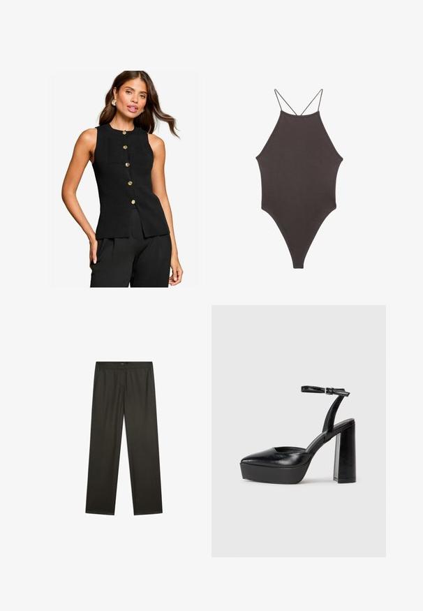 Schwarzes ärmelloses Top aus gerippter Strickware, mit goldenen Knöpfen auf der Vorderseite und einem taillierten Design, das sich an der Taille ausstellt.; Brauner, hochgeschlossener Badeanzug mit dünnen, verstellbaren Trägern; zeichnet sich durch einen hohen Beinschnitt und eine glatte Textur aus. Keine Muster oder Verzierungen.; Dunkelgrüne, weit geschnittene Hosen mit glatter Textur, elastischem Bund und seitlichen Taschen. Schlichtes Design ohne sichtbare Muster oder Beschläge.; Schwarze Plateau-High Heels mit spitzem Zeh und verstellbarem Knöchelriemen. Gefertigt aus glattem Leder und mit einem klobigen Blockabsatz.