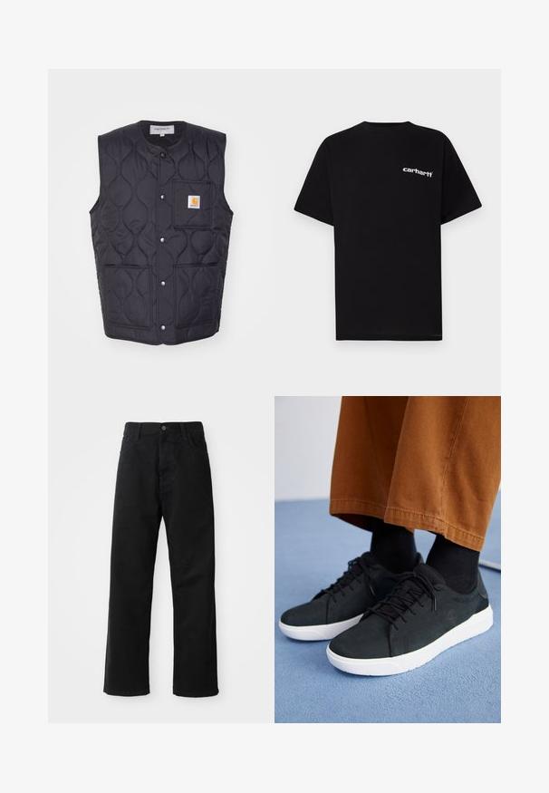 Melnas quiltētas vestes ar apaļu kakla izgriezumu, pogām ar spiedpogām un kreisās krūšu kabatas. Iezīmēta ar mazu logo uzlīmi uz kabatas.; Melna kokvilnas T-krekls ar īsām piedurknēm, apaļu kakla izgriezumu un baltu "Carhartt" logotipu uz kreisās krūtis. Gluda tekstūra, minimālistisks dizains.; Melnas džinsu bikses ar taisnu griezumu, ar priekšējiem kabatām, rāvējslēdzēju un vienu augšējo pogu. Tekstūrēta auduma matēta virsma.; Melnas zamšādas kedas ar baltām gumijas zolēm, ar saistāmām auklām, tekstūrētām detaļām un diskrētu zīmolu, apvienotas ar brūniem biksēm.