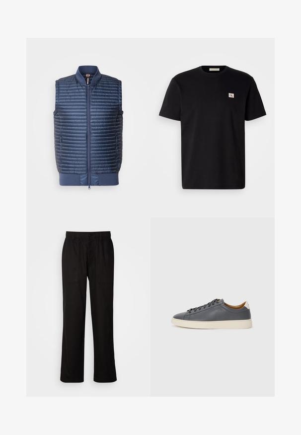 Vesta căptușită insulantă de culoare bleu marin, cu fermoar frontal, guler răsucit și buzunare laterale; textură ușoară și netedă.; Tricou din bumbac negru cu mâneci scurte, guler rotund și un mic logo brodat pe partea stângă a pieptului. Textură netedă, croi obișnuit.; Pantaloni negri cu o croială lejeră, realizați dintr-un material ușor. Dispun de un tiv elastico, închidere cu nasture și două buzunare frontale.; Adidași din piele gri, cu vârf rotund, talpă din cauciuc, șireturi plate și accente de culoare deschisă pe călcâi. Textură netedă și design minimalist.