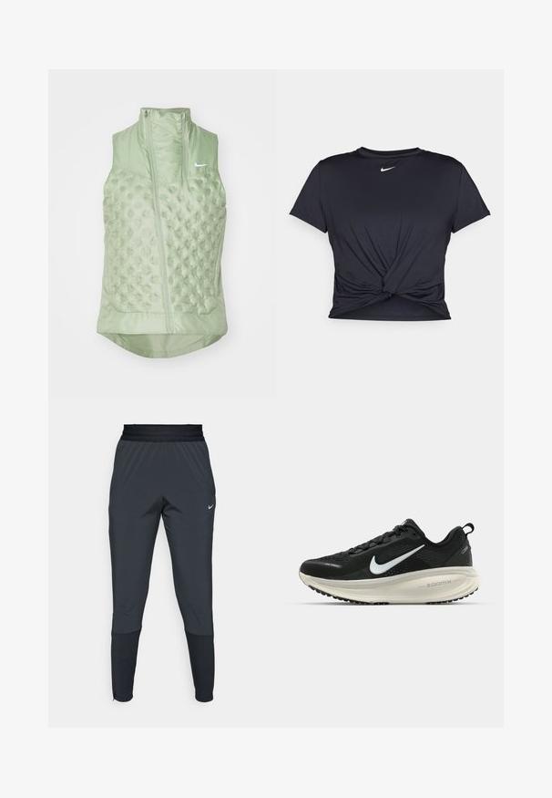 Nike Performance AEROLOFT VEST - Weste - jade horizon; Schwarzes Sport-T-Shirt aus glattem Stoff, mit einem geknoteten Vorderdesign und einem kleinen weißen Nike-Logo auf der Brust.; Dunkle graue Nike Sporthosen mit einem schmal zulaufenden Bein-Design, elastischem Bund und Akzentdetails in der Nähe der Bündchen.; Schwarzer Nike-Laufschuh mit atmungsaktivem Mesh-Obermaterial, weißem Swoosh-Logo, strukturierten Details und einer cremefarbenen ZoomX-Zwischensohle.