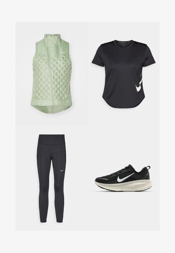 Nike Performance AEROLOFT VEST - Waistcoat - jade horizon; Black athletic t-shirt with short sleeves, featuring a white Nike swoosh logo on the lower side and a rounded hem.; Black leggings made of stretchy fabric, featuring a high waistband and a white Nike logo on the left thigh. Smooth texture, form-fitting design.; Black Nike running shoe with breathable mesh upper, white swoosh logo, textured detailing, and a cream-colored ZoomX midsole.