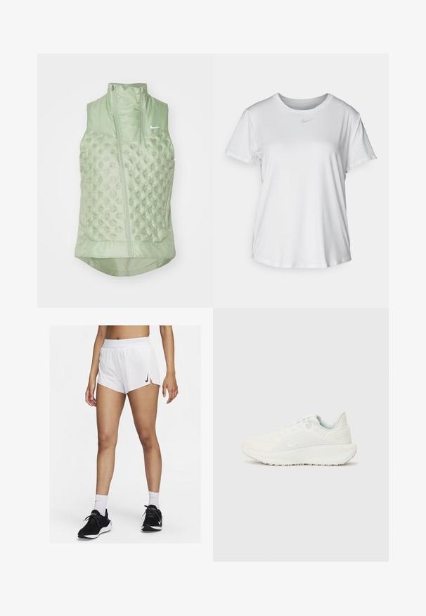 Nike Performance AEROLOFT VEST - Vest - jade horizon; Hvit kortermet T-skjorte laget av glatt stoff, med rund halsringning og en liten grå Nike-logo på brystet.; Hvite atletisk shorts med ribbet linning, sidespalter og en svart Nike-logo. Brukes med svarte joggesko og hvite ankelsokker.; Hvite sportsko med teksturert overdel, polstret krage og snøring. Har en buet såle og subtil merkevare på siden.