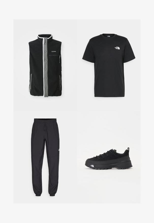 Svart fleeceväst med grå knappstängning framtill, ficka med dragkedja på bröstet, två sidofickor och Columbia Sportswear-logotyp på bröstet.; Svart bomull t-shirt med kort ärm, rund halsringning och en liten vit logga på vänster bröst. Enkelt design, mjuk textur och avslappnad passform.; Svarta träningsbyxor tillverkade av lättviktsmaterial, med dragsko i midjan, sidofickor och avsmalnande muddar vid anklarna.; Svart utomhussko med ovandel i mocka, texturerad gummisula och robust snörningssystem. Har en förstärkt häl och varumärkeslogotyp på sidan.