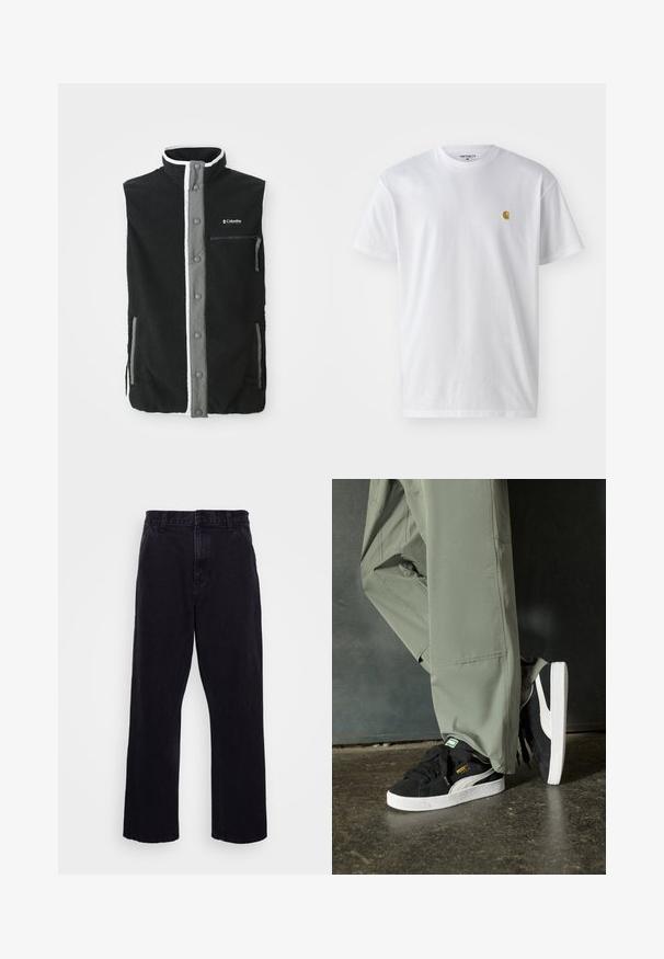 Crni flis prsluk s prednjim plaketom na gumbe u sivoj boji, džepom na patentni zatvarač na prsima, dva bočna džepa i logotip Columbia Sportswear na prsima.; Bijela pamučna majica kratkih rukava s okruglim izrezom, sa malim zlatnim logotipom na lijevoj strani prsnog koša. Mekana tekstura i standardni kroj.; Crne traperice sa ravnim krojem, s gumbom i patentnim zatvaračem, petljama za pojas i minimalnim detaljima šivanja.; Crne nubuk tenisice s bijelim gumennim potplatima i bočnim trakama, uparene s svijetlozelenim cargo hlačama, stoje na teksturiranoj tamnoj površini.