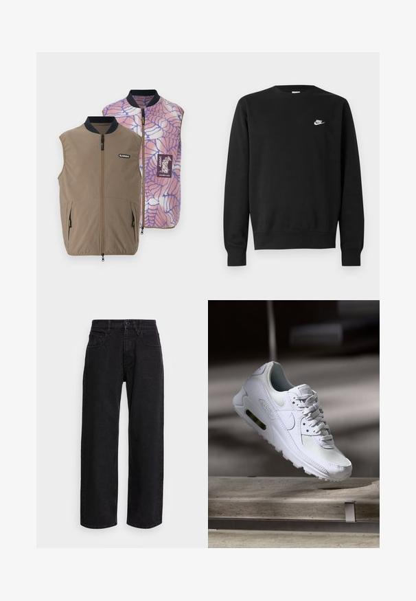 Omkeerbaar vest in bruine stof met zijzakken; de binnenkant heeft een roze-blauw spinnenwebpatroon en een merklogo patch.; Zwarte sweater van katoen, met een ronde hals, lange mouwen en een klein wit Nike-logo aan de bovenkant van de linkerborst.; Zwarte denim wide-leg broek met een hoge taille, voorzien van vijf zakken en een knoopsluiting. Stof heeft een zachte textuur en een lichte rek.; Witte Nike Air Max 90 sneaker met een bovenwerk van mesh en leer, een geperforeerde teenbox en een zichtbare luchtunit in de hiel.