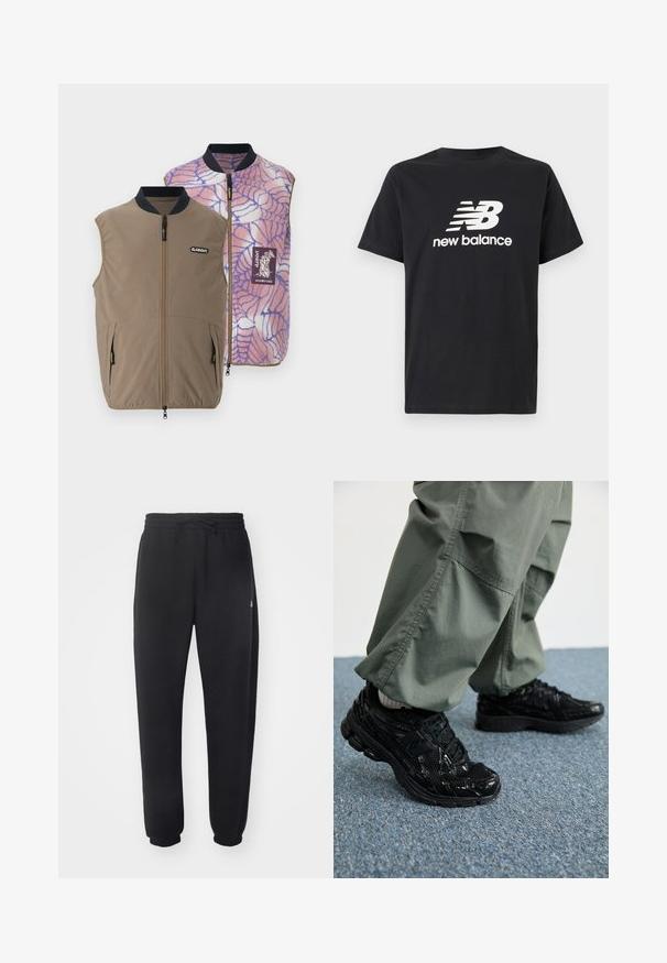 Reversible vest in brown fabric with side pockets; inner side features a pink-blue spider web pattern and brand logo patch.; Black cotton T-shirt featuring a white New Balance logo and graphic design on the front. Short sleeves and a crew neck.; Black sweatpants made of soft material with an elastic waistband, drawstring, and tapered cuffs, featuring a subtle logo on the side.; Black athletic sneakers with glossy and mesh textures, featuring a thick sole and laces, paired with loose olive-green cargo pants.