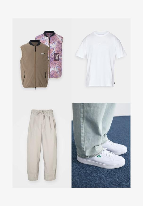 Umkehrbare Weste aus braunem Stoff mit Seitentaschen; die Innenseite zeigt ein pink-blaues Spinnennetzmuster und ein Markenlogo-Patch.; Weißes Baumwoll-T-Shirt mit kurzen Ärmeln und Rundhalsausschnitt. Verfügt über ein kleines, dezentes Nike-Logo auf der Brust und ein seitliches Etikett.; Beige, leichte Hose mit elastischem Bund und Zugband. Sie verfügt über Falten und eine lockere Passform, gefertigt aus weichem, glattem Stoff.; Weiße Leder-Sneaker mit grünem Nike-Logo, runde Zehenpartie, flache Sohle, kombiniert mit hellblauen Jeans, präsentiert auf einem blauen Teppich.