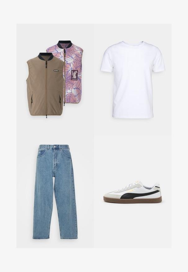 Oboustranná vesta z hnědé tkaniny se postranními kapsami; vnitřní strana má vzor pavučiny v růžovo-modrých barvách a logo značky.; Bílý krátký rukáv bavlněné tričko s kulatým výstřihem. Jednoduchý design bez vzorů nebo detailů. Hladká textura.; Svetle modré džíny s vysokým pasem a uvolněným střihem, vybavené dvěma předními kapsami, jednou zadní kapsou a zapínáním na knoflík.; Bílé kožené tenisky s černým semišovým akcentem, kulatou špičkou, plochou hnědou gumovou podrážkou a vyraženým zlatým logem na boku. Šňůrky a polstrovaný límec.