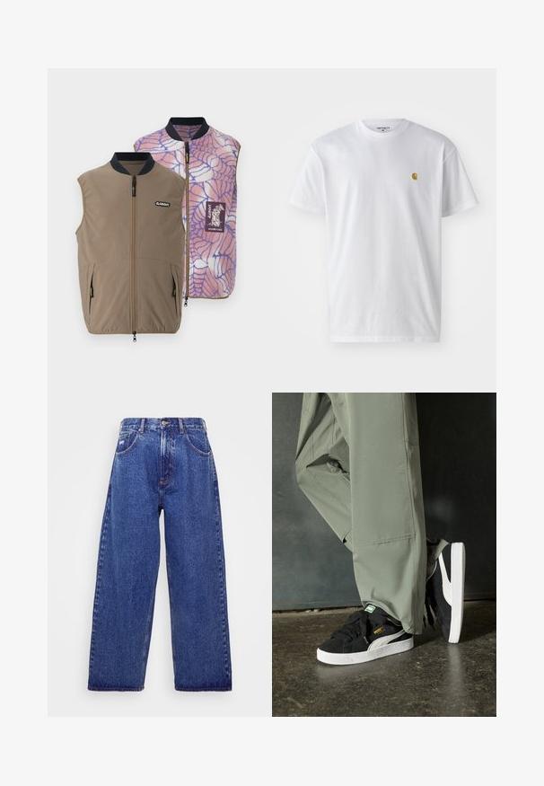 Vesta reversibilă din material maro, cu buzunare laterale; partea interioară are un model de pânză de păianjen roz-albastru și un patch cu logo-ul brandului.; Tricou alb din bumbac, cu mâneci scurte, gât echipat, având un mic logo auriu în zona stânga a pieptului. Textură moale și croială normală.; Jeans din denim albastru, cu picioare largi și talie înaltă, având cinci buzunare, o închidere cu nasture și o decolorare subtilă pentru textură.; Adidași negri din piele întoarsă cu tălpi din cauciuc alb și dungi pe lateral, asortați cu pantaloni cargo verzi deschis, stând pe o suprafață texturată întunecată.