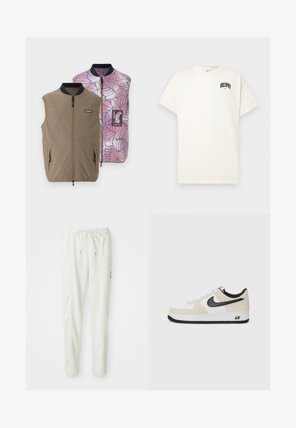 Oboustranná vesta z hnědé tkaniny se postranními kapsami; vnitřní strana má vzor pavučiny v růžovo-modrých barvách a logo značky.; Kravetově bílý bavlněný tričko s krátkým rukávem, na hrudi s nápisem "NIKE SB" v černém a červeném písmu. Standardní kulatý výstřih.; Bílé slim-fit jogger kalhoty s elastickým pasem a šňůrkou, s bočními švy a malou černou nášivkou na pravé noze.; Tenisky s lehkým béžovým semišem a horní částí z bílé kůže, černý Nike swoosh, černé akcenty a bílá gumová podrážka s logem "AIR".