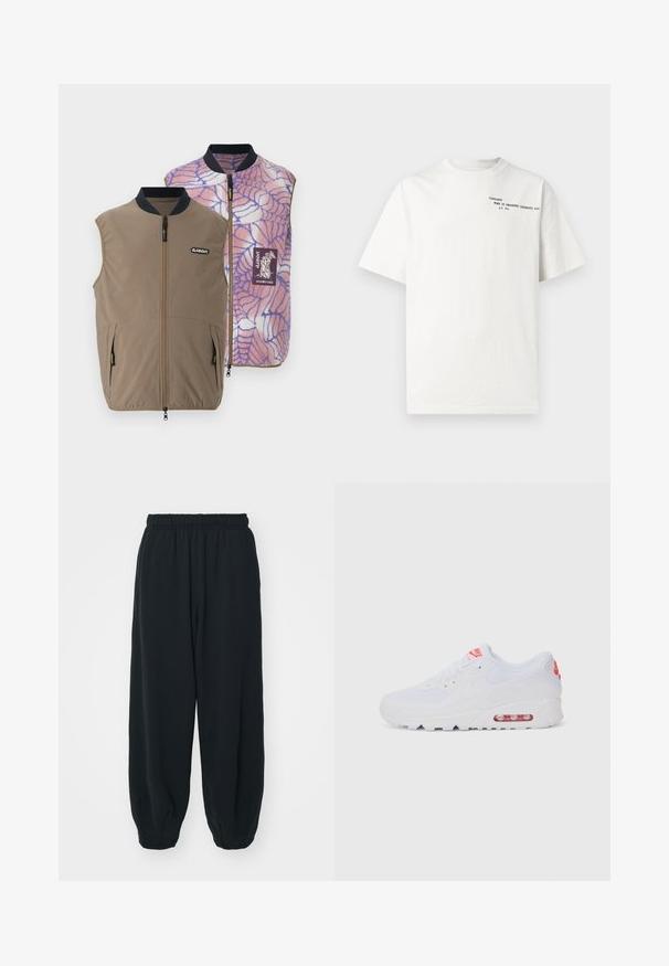 Käännettävä liivi ruskeasta kankaasta, jossa on sivupocketit; sisäpuolella on vaaleanpunainen-sininen hämähäkinseitinkuvio ja brändilogo-patch.; Valkoinen puuvillainen T-paita, jossa on lyhyet hihat, pyöreä pääntie ja rinnan kohdalla mustalla painettu teksti "Carhartt Work in Progress 1989".; Mustat, elastisella vyötäröllä varustetut collegehousut, joissa on löysä istuvuus, cuffattu lahje, sileä pinta ja ilman näkyviä kuvioita tai varusteita.; Valkoinen urheilujalkine, jossa on sileä päällinen, nauhakiinnitys, pehmustettu pohja ja näkyvä ilmayksikkö, jossa on punaisia yksityiskohtia brändissä.