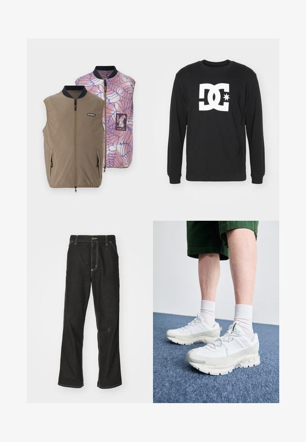 Umkehrbare Weste aus braunem Stoff mit Seitentaschen; die Innenseite zeigt ein pink-blaues Spinnennetzmuster und ein Markenlogo-Patch.; Schwarzes langärmliges Baumwoll-T-Shirt mit einem großen weißen DC-Logo mit einem Stern, Rundhalsausschnitt und gerippten Bündchen.; Schwarze Denim-Jeans mit lockerer Passform, kontrastierenden weißen Nähten, einem Knopfverschluss und geradem Bein.; Weiße Sportschuhe mit strukturierten Überzügen, einer dicken Sohle und grauen Akzenten. Tragen mit weißen Crew-Socken und grünen Shorts auf einer blauen Oberfläche.