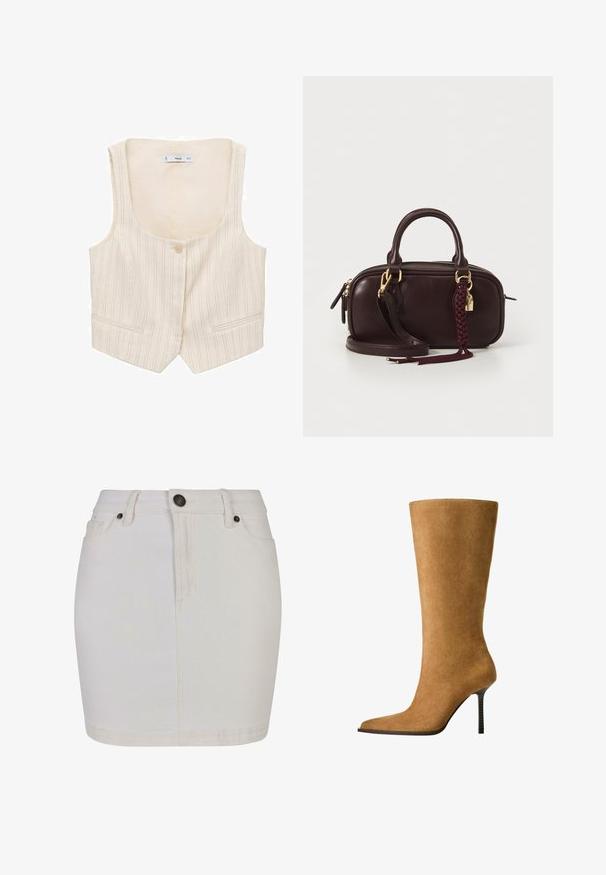 Beige vest with vertical stripes, button closure, and two front pockets. The neckline is wide, and the fabric appears textured.; Brown sleeveless top with ruffled neckline and ruched fabric throughout. Features a fitted silhouette and textured surface.; White denim skirt with a fitted design, featuring a button closure, belt loops, and classic five-pocket style. Smooth texture and knee-length.; Knee-high suede boots in camel color with a pointed toe and a thin high heel. Smooth texture and sleek silhouette with minimal detailing.; Dark brown leather handbag with a braided tassel, gold-tone hardware, double handles, and a detachable shoulder strap on a white background.
