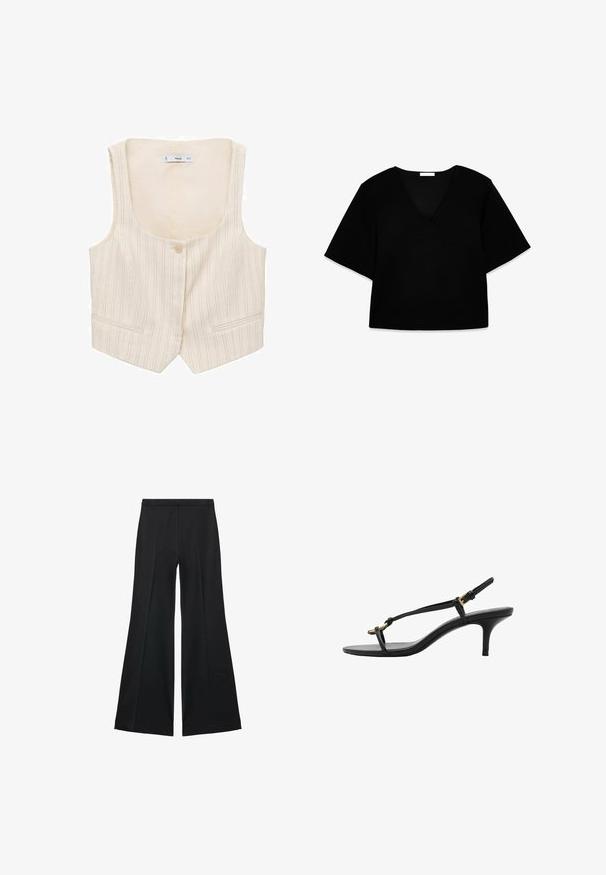 Beige vest with vertical stripes, button closure, and two front pockets. The neckline is wide, and the fabric appears textured.; Black V-neck short-sleeve top with a loose fit. Made of soft fabric, it features a simple design and clean lines without patterns or accents.; Black wide-leg pants with a smooth texture, featuring front pleats and a tailored design. The fabric is lightweight and flowy.; Black leather kitten heel sandal with thin straps, gold buckle, and minimalist toe loop on a white background.