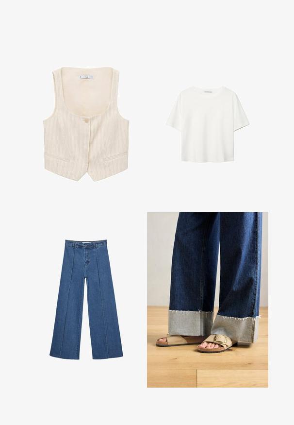 Beige Weste mit vertikalen Streifen, Knopfverschluss und zwei Fronttaschen. Der Ausschnitt ist weit und der Stoff wirkt strukturiert.; Weißes T-Shirt mit kurzen Ärmeln aus Baumwolle. Hat einen Rundhalsausschnitt und eine lockere Passform. Glatte Textur ohne sichtbare Muster oder Akzente.; Weite Jeans aus Denim in Mittelblau, mit hoher Taille, Knopfverschluss und kontrastierenden vertikalen Nahtdetails an der Vorderseite.; Füße in beigen Birkenstock-Sandalen mit goldenen Schnallen, kombiniert mit dunkelblauen Jeans, die an den Säumen hochgekrempelt sind, stehen auf einem Holzboden.