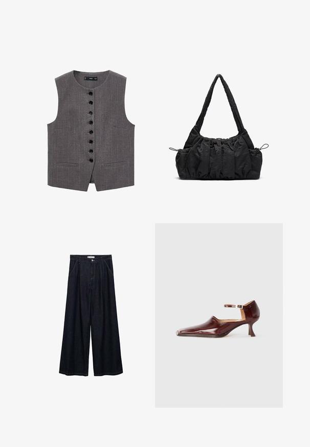 Graue ärmellose Weste mit Streifenmuster, ausgestattet mit einer vorderen Knopfleiste mit schwarzen Knöpfen und zwei vorderen Taschen.; Graues Langarmshirt mit rundem Ausschnitt, ausgestattet mit einer weißen Borte am Kragen und an den Bündchen. Hergestellt aus weichem, strukturiertem Stoff.; Dunkelblaue, weite High-Waist-Hosen aus Denim mit einem Knopfverschluss vorne, zwei Seitentaschen und Nähdetails.; Burgunderfarbenes Lackleder-Schuhwerk mit einer spitzen Zehe, Knöchelriemen und einem 5 cm hohen, konisch zulaufenden Absatz. Glatte Textur und minimalistisches Design.; Schwarze Stoffhandtasche mit geraffter Textur, zwei Schulterträgern und Kordelzugverschluss an den Seiten. Glattes, leichtes Material.