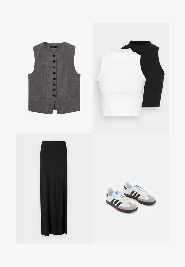 Gray sleeveless vest with pinstripe pattern, featuring a front button closure with black buttons and two front pockets.; Two sleeveless ribbed turtleneck tops in black and white, featuring a fitted design and smooth texture, with cropped length.; Black maxi skirt made of soft, stretchy material. Features a side slit and a simple, streamlined design with no embellishments.; Sport shoes with a white leather upper, gray suede toe, and three black stripes. Features a blue logo on the tongue and a textured rubber sole.