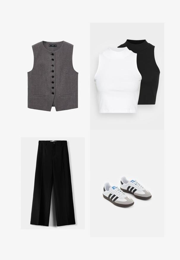 Vest gri fără mâneci cu model dungi, având închidere frontală cu nasturi negri și două buzunare frontale.; Două bluze fără mâneci, cu guler înalt, în culorile negru și alb, având un design ajustat și o textură netedă, cu o lungime scurtă.; Pantaloni negri cu picior larg, fabricați dintr-un material ușor, cu închidere frontală cu nasture și față plată, având tivuri cusute cu atenție.; Încălțăminte sport cu un superior din piele albă, vârf din suede gri și trei dungi negre. Prezintă un logo albastru pe limbă și o talpă din cauciuc texturat.