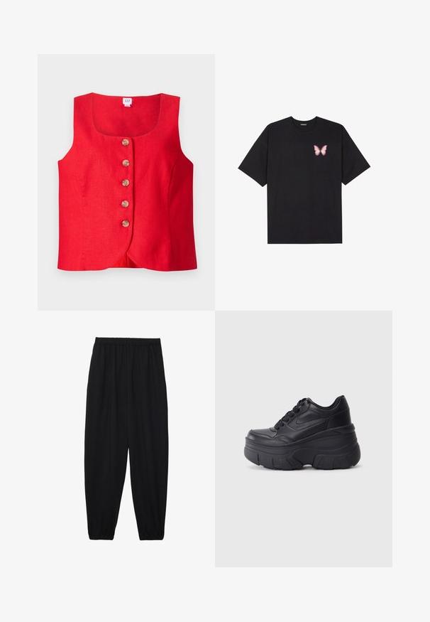 Punainen pellavainen hihaton toppi, jossa on pyöreä pääntie ja viisi puu nappia edessä. Yksinkertainen, istuva muotoilu kaarevalla helmalla.; Musta puuvillapaita lyhyillä hihoilla, jossa on pieni vaaleanpunainen perhosgrafiikka vasemmassa rinnassa. Pyöreä kaula-aukko ja rento istuvuus.; Mustat, kevyet housut, joissa on joustava vyötärö ja kerätyt nilkat. Kangas on sileä ja siinä on rento, kapeneva muotoilu.; Musta nauhallinen lenkkarit, joissa on paksu pohja, ja jotka sisältävät sileästä nahasta valmistetun yläosan, pyöreän kärjen ja erottuvan kerroksittain muotoillun pohjan.