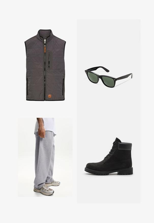 Quilted gray vest with a high collar, zippered front, and side pockets. Features textured fabric with a geometric pattern and leather logo patch.; White cotton t-shirt with short sleeves, round neckline, and a straight cut. Smooth texture with no visible patterns or accents.; Gray sweatpants made of soft fabric, featuring a loose fit and elastic waistband. Paired with beige and gray athletic sneakers.; Black lace-up ankle boot with padded collar and rugged sole, shown in profile against a white background.; Black plastic sunglasses with green lenses, square frames, silver accent on the brow, and textured temple arms. Stated brand on inner arm.