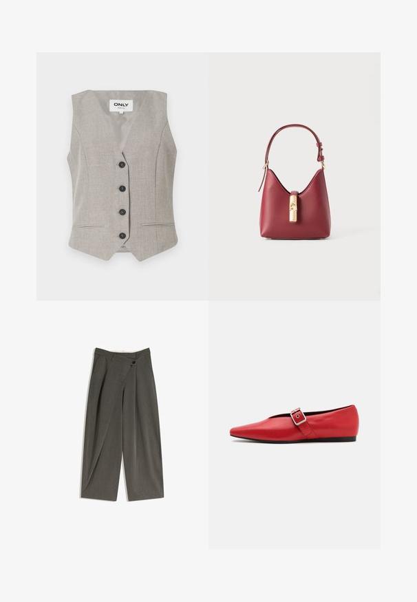Világosszürke, texturált anyagú mellény, V-nyakú, öt fekete gombbal és két elülső zsebbel. Testre szabott fazon, ujjak nélkül.; Virágmintás ing világos rózsaszín háttérrel, zöld levelekkel és különböző színes virágokkal. Gombos kialakítás, hosszú ujjak.; Sötét szürke szövetből készült bő szárú nadrág. Lapos elülső rész, oldalsó zsebek és egyetlen gombos záródás jellemzi. Simaság és testre szabott fazon.; Piros bőr lapostalpú cipő, hegyes orral, oldalsó pánttal és fémből készült csattal, alacsony fekete sarokkal. Sima textúra az egész cipőn.; Piros bőr kézitáska jellegzetes ívelt formával, állítható pánttal és arany színű záródással elöl. Simább, egyszerűsített dizájn.; Aranyszínű Michael Kors óra lekerekített tokkal, fém láncszíjjal, minimalista számlappal, három mellékóra számlapjával és a 6 órás pozícióban található dátumkijelzővel.