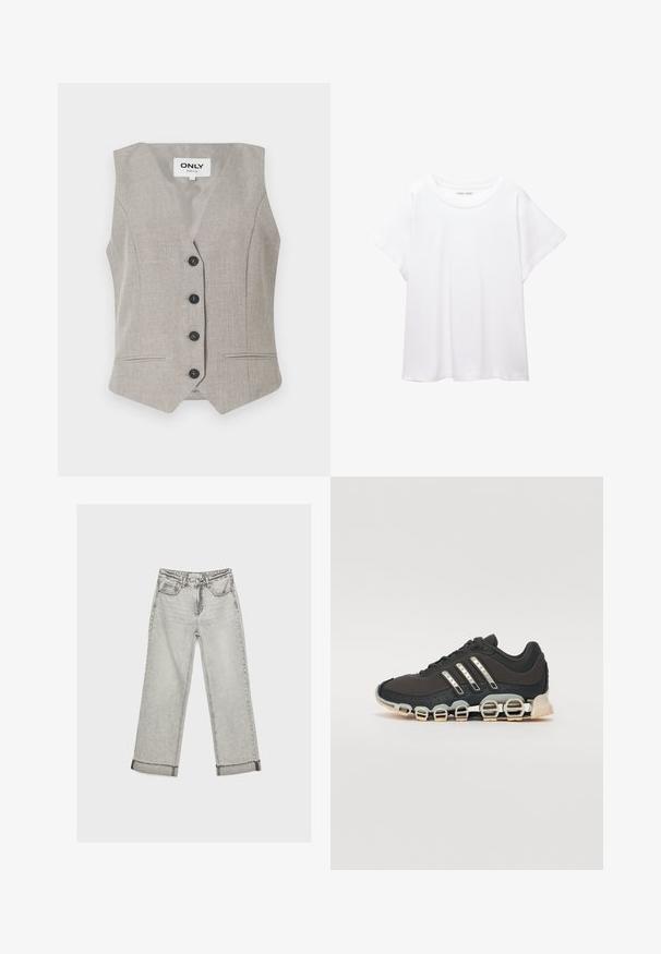 Svetlosivý vest s textúrovanou látkou, s výstrihom do V, piatimi čiernymi gombíkmi a dvoma prednými vreckami. Pozostáva z prispôsobeného strihu a nemá rukávy.; Biele tričko vyrobené z mäkkého, ľahkého materiálu. Má okrúhly výstrih a krátke, široké rukávy s uvoľneným strihom. Bez viditeľných vzorov.; Svetlé džínsy s širokými nohavicami a vysokým pásom, s roztrhnutým lemom a kontrastným šitím. Obsahuje päť vreciek a klasické zapínanie na gombík.; Čierna športová obuv s textúrovaným zvrškom, tromi striebornými pruhmi a charakteristickou podošvou s viacerými integrovanými sekciami.