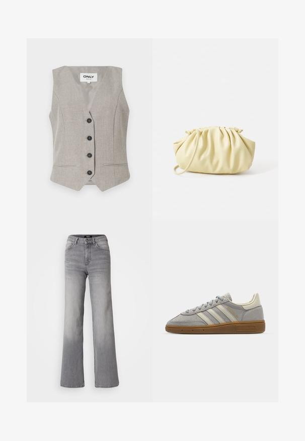 Jasnoszara kamizelka z fakturowanej tkaniny, dekolt w serek, pięć czarnych guzików i dwie przednie kieszenie. Posiada dopasowany krój i nie ma rękawów.; Biały prążkowany top na ramiączkach z czarnym haftowanym logo umieszczonym na środku klatki piersiowej. Dekolt i otwory na ramiona wykończone subtelnym obszywaniem.; Szare dżinsy o prostym kroju i wysokim stanie, z przodu zapinane na guzik i zamek, z kieszeniami z przodu i z tyłu oraz z wyblakłym odcieniem na udach i łydkach.; Szare zamszowe trampki z jasnoszarymi skórzanymi paskami i gumową podeszwą. Wśród cech znajduje się zapięcie na sznurowadła oraz subtelna marka na języku.; Żółta plisowana torebka wykonana z gładkiej sztucznej skóry, charakteryzująca się miękkim kształtem, pojedynczym paskiem na ramię oraz marszczonym designem u góry.