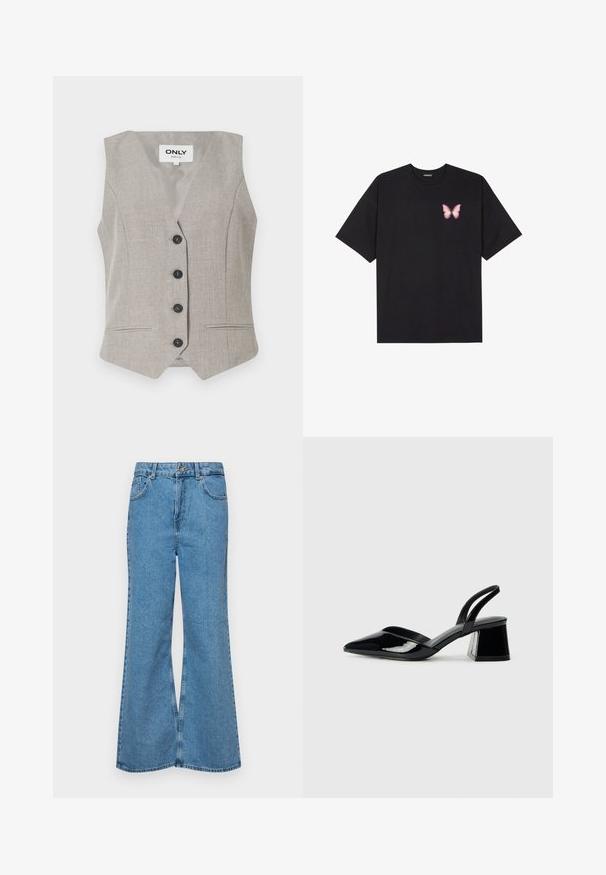 Lys grå vest med et tekstureret stof, V-udskæring, fem sorte knapper og to forlommer. Har skræddersyet form og ingen ærmer.; Sort bomulds T-shirt med korte ærmer, prydet med en lille pink sommerfugl grafik på venstre bryst. Rund hals design med en afslappet pasform.; Lysblå flagrende jeans lavet af denim, med høj talje, fem lommer og en enkelt knaplukning. Blød tekstur med en falmet finish.; Sorte patentlæder slingback hæle med spids tå og en geometrisk blok hæl. Har et elegant, minimalistisk design og en glat tekstur.