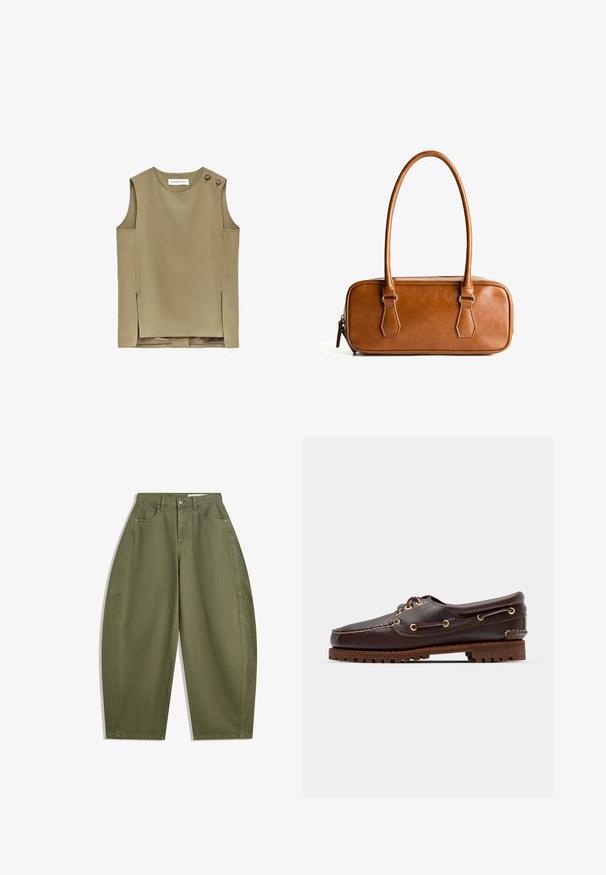 Ärmelloses olivgrünes Top mit rundem Ausschnitt, seitlichen Schlitzen und zwei braunen Knöpfen an der linken Schulter, Etikett im Ausschnitt.; Graue gestrickte Strickjacke mit rundem Ausschnitt, überschnittenen Schultern, Knopfverschluss und gerippten Bündchen an Ärmeln und Saum.; Langärmliges T-Shirt mit Rundhalsausschnitt in Creme mit horizontalen kastanienbraunen Streifen, entspannter Schnitt und weicher, glatter Stofftextur.; Olivgrüne weite Hose aus Baumwolle mit hoher Taille, Fronttaschen und glatter Textur. Keine Verzierungen oder Muster.; Braune Lederbootsschuhe mit goldenen Ösen, runden Schnürsenkeln und einer strukturierten braunen Gummisohle. Verfügt über genähte Details und ein erhabenes Logo.; Braune Lieblingstasche aus Leder mit zwei langen Tragegriffen, rechteckiger Form, glatter Oberfläche, Reißverschluss und Hardware-Akzenten in Silber.