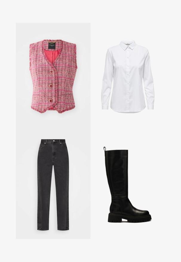 Vesta fără mâneci din tweed roz, cu decolteu în V, având butoane de culoare aurie și un finisaj texturat. Interiorul este căptușit cu un material solid de culoare roz.; Cămașă albă, cu guler structurat și mâneci lungi, cu hem rotunjit. Fabricată dintr-un material solid, neted, fără modele sau accente vizibile.; Jeans negri din denim, cu picioare drepte și talie înaltă, cu nasture și fermoar în față, și stil cu cinci buzunare, pe un fundal alb.; Bocanci negri din piele, până la genunchi, cu un design elegant, vârf rotund și talpă din cauciuc masiv, cu șanțuri adânci și un tab de prindere în partea superioară.