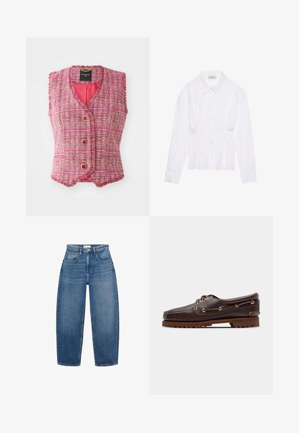 Vaaleanpunainen tweedilautasliina ilman hihoja, jossa on V-kaula-aukko, kullanväriset napit ja teksturoitu pinta. Sisäpuoli vuorattu tasaisella vaaleanpunaisella kankaalla.; Valkoinen pitkähiha blouse, jossa on klassinen kaulus, etuvetoketju ja ryppyinen sivudetalji. Pehmeä kangas ja muotoiltu leikkaus.; Korkeavyötäröiset siniset farkut suoralla lahkeella, joissa on viisi taskua, vyölenkit ja hienovarainen kuluminen tekstuurin lisäämiseksi.; Ruskeaharmaat nahkaiset venesandaalit kultaisilla silmärei'illä, pyöreällä nauhalla ja teksturoidulla ruskealla kumipohjalla. Sisältää kirjontayksityiskohtia ja kohotetun logon.