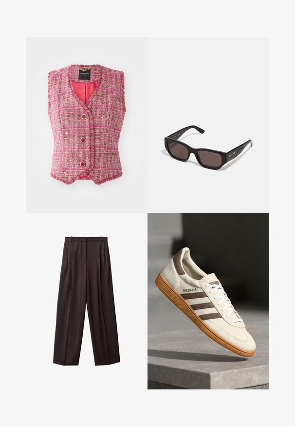 Rosa tweed ärmlös väst med V-hals, prydd med guldtonade knappar och en texturerad yta. Fodrad inuti med enfärgad rosa tyg.; Vit T-shirt med kort ärm i bomull, med rund halsringning, rak fåll och mjuk, slät textur. Inga mönster eller tryck.; Breda byxor i mörkbrunt tyg. Funktioner inkluderar veck framtill, en midja med bälten, och sidofickor. Slät textur.; Vita mockasin i suède med bruna läderdetaljer, tre bruna ränder och vita snören. Har en strukturerad gummisula och en gyllene "SPEZIAL"-logotyp.; Svarta rektangulära solglasögon med mörka linser. Har en slät plastbåge och logobrand på skalmen. Ren, modern design.