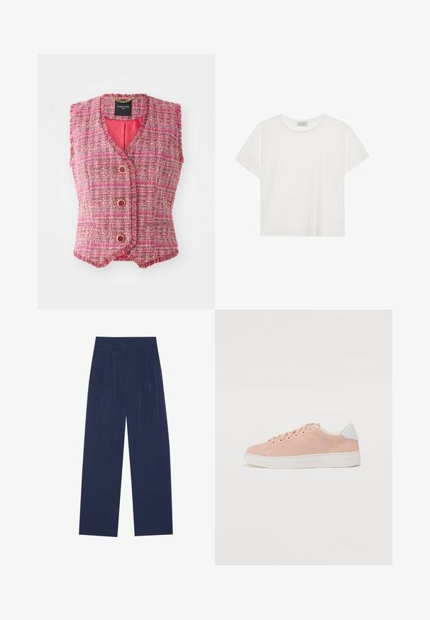 Pink tweed sleeveless vest with a V-neck, featuring gold-tone buttons and a textured finish. Inside lined with solid pink fabric.; White short-sleeve T-shirt made of soft cotton. Features a round neckline and relaxed fit. Clean design with no visible patterns or accents.; Navy blue wide-leg pants made of soft fabric, featuring front pleats, a smooth texture, and a straight fit with no visible pockets.; Light pink suede sneaker with white rubber sole, rounded toe, and white heel accent. Features flat laces and minimal branding on the side.