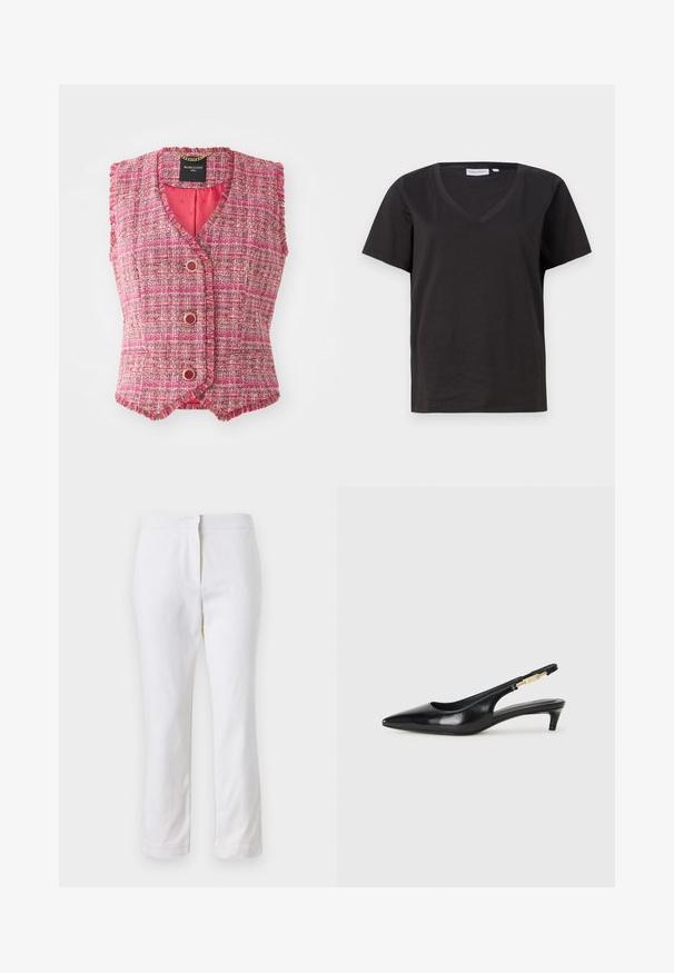 Rausvas tweed be rankovių liemeniukas su V formos iškirpte, puoštas auksinės spalvos sagomis ir tekstūruotu paviršiumi. Viduje išklotas vientisos rausvos medžiagos.; Juodas medvilninis marškinėlis su V formos iškirpte ir trumpomis rankovėmis. Paprastas dizainas, reguliaraus kirpimo, be raštų ar akcentų.; Balti medvilniniai kelnių su tiesiu kojų dizainu, turintys vidutinį liemenį ir be matomų detalių ar raštų. Lygi tekstūra visame paviršiuje.; Juodas odinis pavasario batelių modelis su smailiu nosiu, turintis siaurą kulniuką ir auksinės spalvos akcentu reguliuojamoje juostoje. Lygi tekstūra.