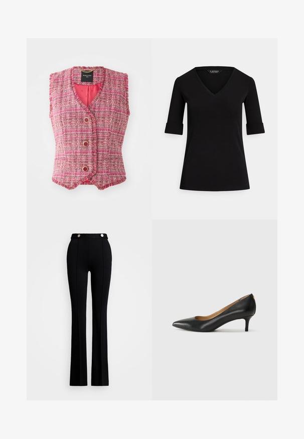 Rosa Tweed ärmellose Weste mit V-Ausschnitt, verziert mit goldfarbenen Knöpfen und einer strukturierten Oberfläche. Innen mit einfarbigem rosa Stoff ausgekleidet.; Schwarzes V-Ausschnitt-T-Shirt mit dreiviertel Ärmeln, versehen mit umgeschlagenen Bündchen und einer glatten Stoffstruktur. Das Etikett trägt die Aufschrift "LAUREN."; Schwarze, ausgestellte Hosen aus dehnbarem Stoff, mit hohem Bund, zwei vorderen Taschen und silbernen Knopfdetails am Bund.; Schwarzer Lederpumps mit spitzem Zehenbereich, niedrigem Absatz und glatter Textur. Verfügt über eine leichte Öffnung an der Vorderseite und minimale Beschläge an der Rückseite.