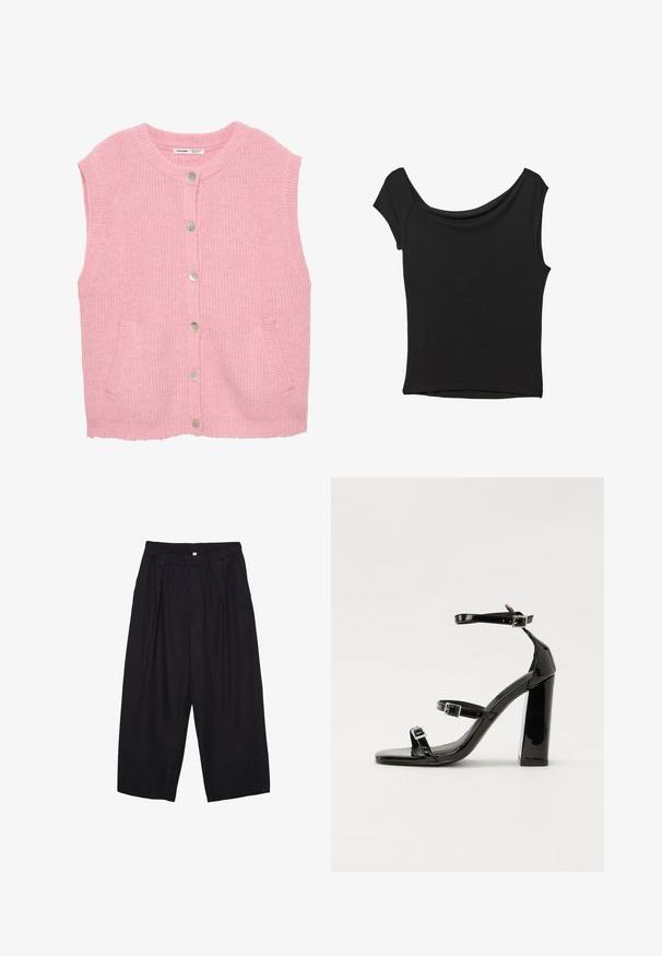Růžový pletený svetr bez rukávů s kulatým výstřihem, předním zapínáním na knoflíky a dvěma bočními kapsami. Má strukturovanou látku a žebrované okraje.; Černý krátký rukáv top vyrobený z hladké látky; má drapovaný výstřih a asymetrický lem, s přiléhavým střihem.; Černé polyesterové culotte kalhoty s elastickým pasem, dvěma předními sklady a volným siluetou. Žádné viditelné vzory ani kovové detaily.; Černé lakované sandály na podpatku se čtveratou špičkou, lýtkovými pásky a stříbrnými přezkami. Disponují masivním blokovým podpatkem pro stabilitu.