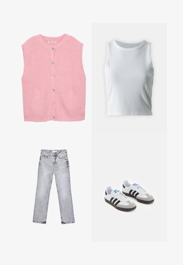 Ružičasti pleteni prsluk s okruglim izrezom, prednjim kopčanjem na dugmiće i dva bočna džepa. Ima teksturiranu tkaninu i rebraste ivice.; Bjela rebrasta majica bez rukava s okruglim izrezom i ravnim rubom, koja ima glatku i rastezljivu teksturu.; Sive traperice s ravnim nogavicama, s detaljima trošenja, pet džepova i bakrenim zakovicama. Pojas ima oznaku s logom.; Sportske cipele s gornjištem od bijele kože, sivi suedinasti nos i tri crne pruge. Imaju plavi logo na jeziku i teksturiranu gumenu podlogu.