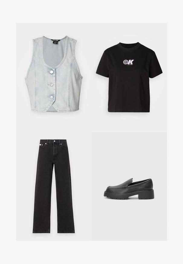 Svijetloplava denim bezrukavna jakna s V-izrezom, pet srebrnih dugmadi i šavovima duž rubova. Skraćeni dizajn.; Crna pamučna majica s okruglim izrezom i kratkim rukavima. Ima bijeli i ružičasti "CK" logo na gornjem lijevom dijelu prsnog koša.; Crne široke traperice od denima, s visokim strukom, pet džepova i metalnim zatvaranjem s kontrastnim šavovima.; Crne kožne loaferice s zaobljenim vrhom, debelim teksturiranim potplatom i minimalnim detaljima šivanja. Elegantna izrada bez vidljivih vezica ili metalnih elemenata.