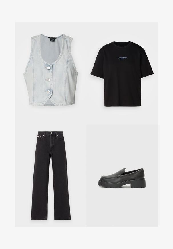 Lys blå denim ærmeløs vest med V-halsudskæring, fem sølvknapper og stikninger langs kanterne. Kåret design.; Sort bomulds t-shirt med rund hals, korte ærmer og blåt broderet "Calvin Klein JEANS" logo på fronten.; Sorte vidde jeans lavet af denim, med høj talje, fem-lomme stil og en metalknap lukning med kontrasterende syninger.; Sorte læder loafers med rund tå, tyk tekstureret sål og minimale syninger. Elegant design uden synlige snørebånd eller hardware.