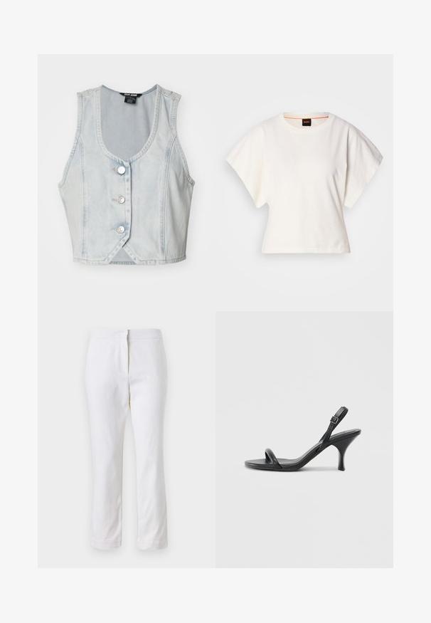 Világoskék farmer ujjatlan mellény V-nyakkal, öt ezüst gombbal és varrott részletekkel a szélein. Rövidített fazon.; Fehér, rövid, bő ujjú, crop szabású póló, puha pamut anyagból, kerek nyakkivágással, finom narancssárga díszítéssel, minimalista dizájn, minta vagy grafika nélkül.; Fehér pamut nadrág egyenes lábformával, közepes derékkal, látható fémrészek vagy minták nélkül. Sima textúra az egész anyagon.; Fekete bőrből készült, magassarkú szandál, vékony, ívelt sarokkal és keresztben átkötött pántokkal. Állítható bokapánt. Sima felület.
