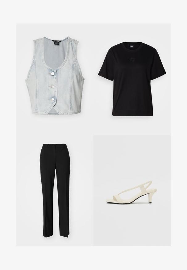 Lyseblå denim med ermene kåpe med V-hals, fem sølvknapper og sydd detaljering langs kantene. Kuttet design.; Svart bomull T-skjorte med rund hals, korte ermer og et brodert logo på brystet. Enkel, avslappet passform uten mønstre.; Sorte skreddersydde bukser med rett silhuett, med en glatt tekstur og klare pressede bretter foran. Ingen synlig maskinvare.; Beige blokk-høydesandaler med tynne stropper og firkantet tå. Glatt materiale med minimale detaljer, designet for enkel bruk.