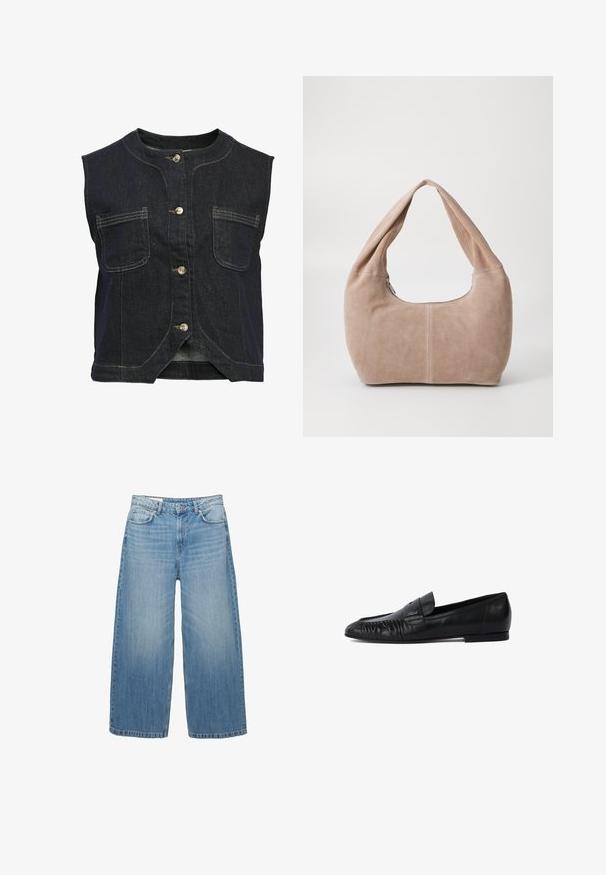 Object Bodywarmer - dark blue denim; Zwarte gebreide trui met een ronde hals, lange mouwen en een cropped ontwerp. Gemaakt van een zacht materiaal met een gladde textuur.; Lichtblauwe wijde jeans van denim, met een klassieke vijf-pocketontwerp en een knoopsluiting. Verbleekte textuur overal.; Zwarte leren loafers met een ronde neus, gestikte details aan de voorkant en een platte zool. Minimalistisch ontwerp met een subtiele logo-accent. ; Hobo-tas gemaakt van zacht, suède materiaal in een lichtbeige kleur. Heeft een ronde vorm met een brede schouderband en een ritssluiting.