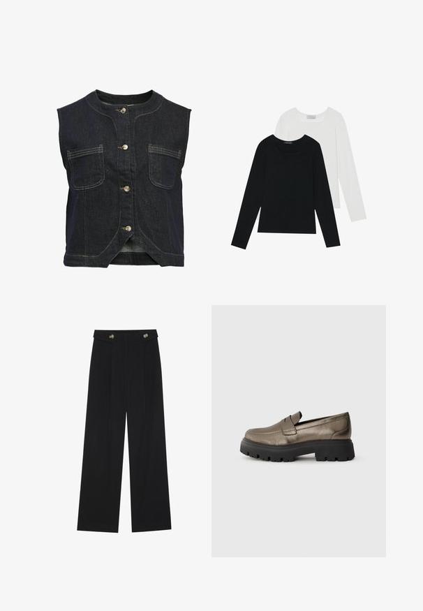 Object Vest - dark blue denim; To lange ermer t-skjorter, en svart og en hvit, begge med firkantet utringning og laget av mykt, elastisk stoff.; Svart vide bukser med høy midje, knappdetaljer på midjebåndet og frontplisser.; Metallisk olivenfarget lær loafers med rund tå, svart kraftig gummisåle og minimale sømdetaljer på overdelen.