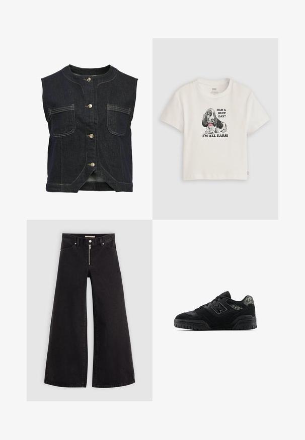 Object Waistcoat - dark blue denim; White cotton t-shirt featuring a black graphic of a basset hound with text "HAD A RUFF DAY? I’M ALL EARS!" in bold lettering. Short sleeves.; Wide-leg jeans in black denim with a zippered front, five-pocket design, and subtle stitching details. Smooth texture and casual style.; Black low-top sneaker with textured sole, lace-up design, suede panels, and patterned accents on heel and side logo.