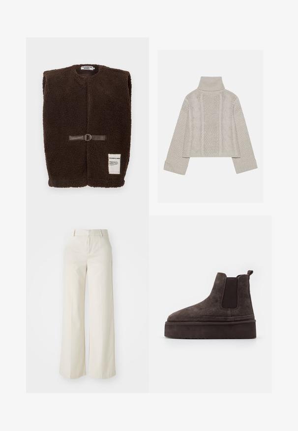 Brown fleece vest with a round neckline, front fastening with a brown leather strap and metal ring, and a small white label at the bottom.; Cropped, light gray knit sweater with a high collar and ribbed cuffs, featuring textured cable patterns down the back and sides.; Wide-leg trousers in a light beige color, made of a smooth fabric. Features a classic waistband and flat front with clean lines.; Brown suede Chelsea boots with elastic side panels and a thick, textured platform sole. Features a pull tab at the heel for ease of wear.