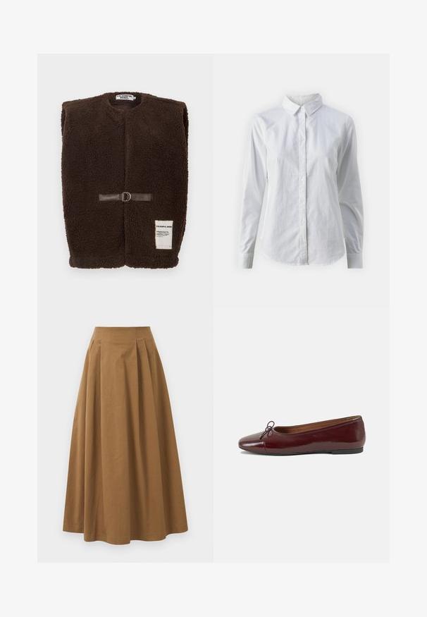 Hnedý flísový vest s okrúhlym výstrihom, predné zapínanie na hnedý kožený remienok a kovový krúžok, a malá biela nálepka na spodnej strane.; Biela košeľa s gombíkmi vyrobená z hladkej bavlny, s klasickým golierom, dlhými rukávmi a zakriveným lemom. Gombíky sú malé a biele.; Hnedá bavlnená sukňa A-línie s vysokým pásom, so skladmi vpredu a hladkou textúrou. Hranice sú čisté a jednoduché.; Burgundské lakované balerínky s okrúhlou špičkou, malou mašľou na prednej strane a nízkou čiernou gumovou podrážkou. Hladký povrch.